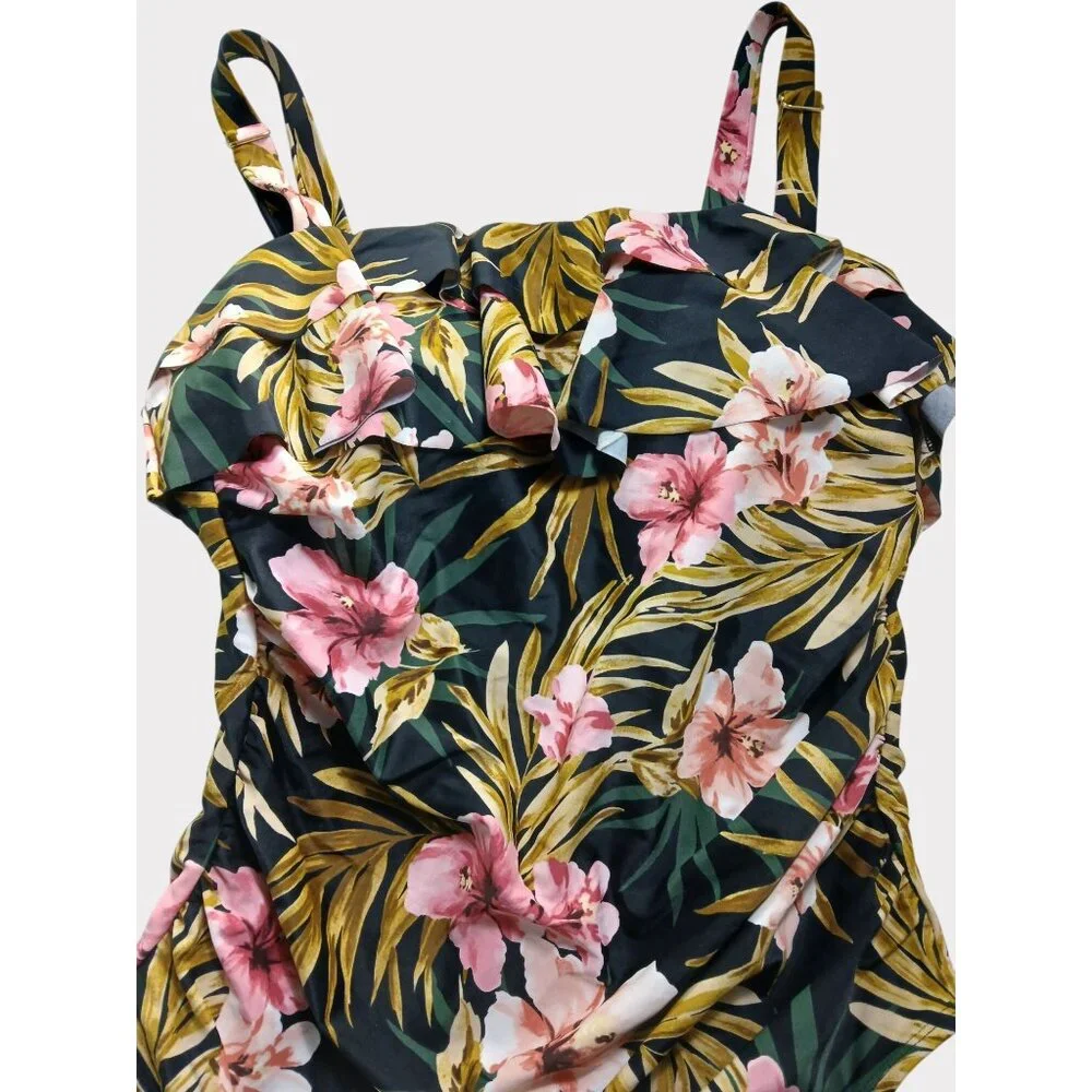 Kona Sol 16W Black Green Pink Floral Ruffle Front One Piece Swimsuit 16W Plus - Picture 5 of 13